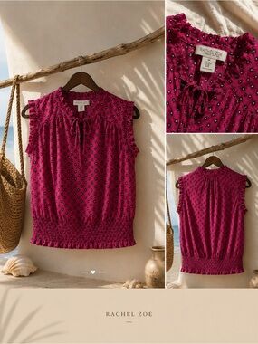 Rachel Zoe Magenta Floral-Print Sleeveless Ruffled Neck Top